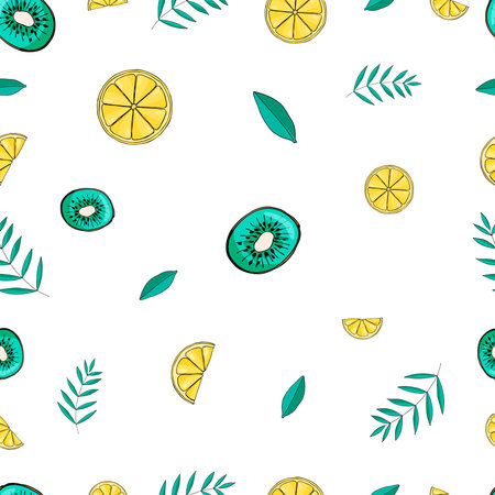 Green kiwi and yellow slice of lemo seamless pattern background. Green kiwi and yellow slice of...