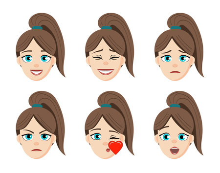 Girl emotion faces cartoon vector illustration. Woman emoji face cute symbols.のイラスト素材