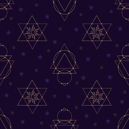 Vector seamless pattern with gold alchemy and mystic signs eye, triangles, arrows, moons, stars, astrology symbols hand drawn in lines.のイラスト素材