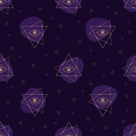 Vector seamless pattern with gold alchemy and mystic signs eye, triangles, arrows, moons, stars, astrology symbols hand drawn in lines.のイラスト素材