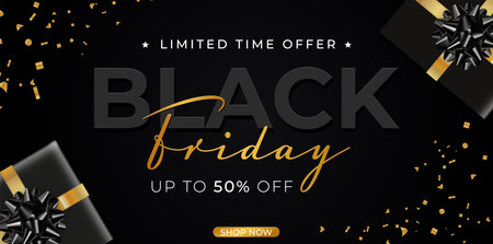Black Friday Sale. Banner, poster golden color on dark percent pattern background.
