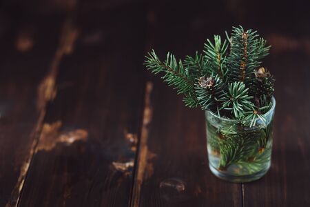 Branch of spruce in the vase on the wooden tableの写真素材