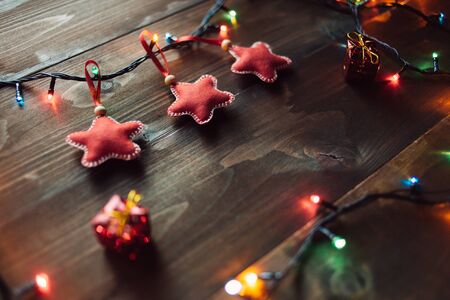 Handmade red stars with garland lightsの写真素材