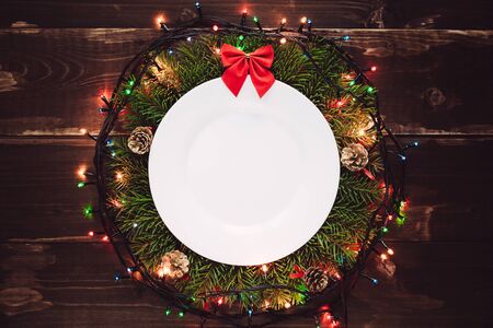 Christmas food frame on the wooden tableの写真素材