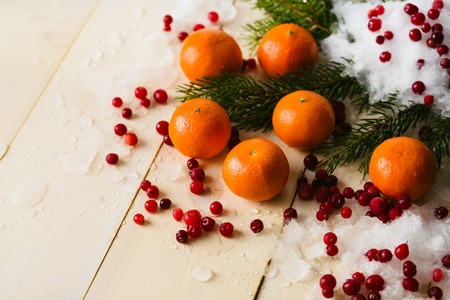 Mandarins and red berries on snowy spruce branchの写真素材