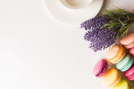 French sweet delicacy macaroons on white backgroundの写真素材