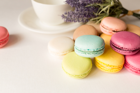 French sweet delicacy macaroons on white backgroundの写真素材