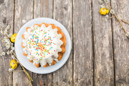 Easter cake on old wooden table with copy space