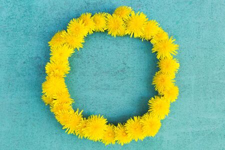 Frame from sunny yellow flowers dandelions on blue background, top view, copy spaceの写真素材