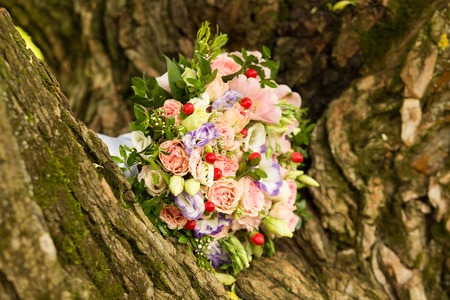 Beautiful bouquet with roses and red berries in summer lying on bark of treeの写真素材
