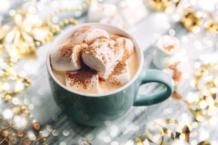 Hot drink with marshmallows and chocolateの写真素材