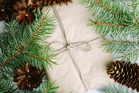 Christmas craft gift with cones and fir branchesの写真素材