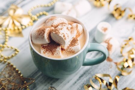 Hot drink with marshmallows and chocolateの写真素材