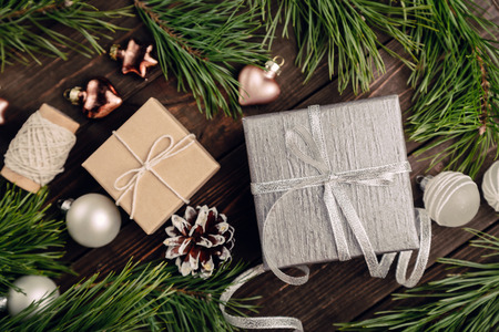 Gifts with bow and Christmas decorationsの写真素材