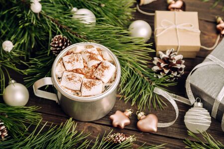 Marshmallow coffee on the Christmas backgroundの写真素材