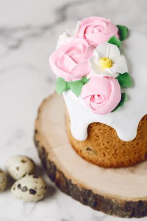 Easter rustic composition with quail eggs in the nest. Holiday background. Copy spaceの写真素材