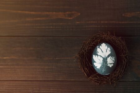 Painted blue eggs with printed picture of parsley in nest on wooden table. Easter decoration concept. Top view rustic backgroundの写真素材