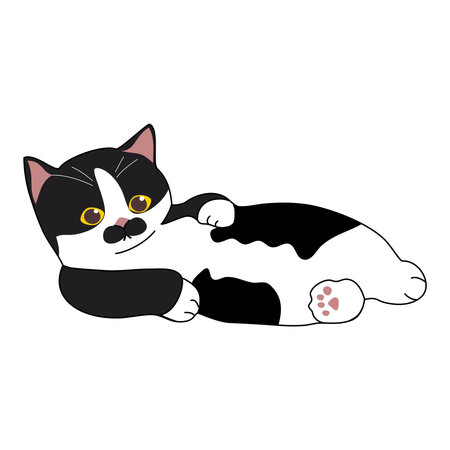 Black and white cat lying on the floor. Cute cartoon vector illustration.のイラスト素材