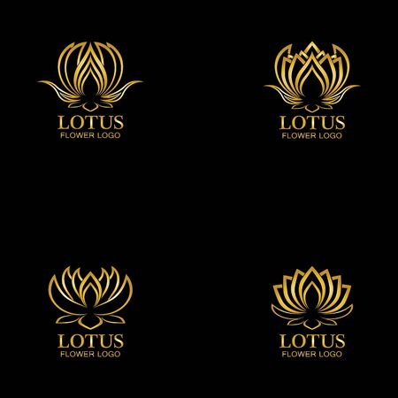 Golden lotus flower logo. Vector design template of lotus icon on dark background with golden effect for eco, beauty, spa, yoga, medical companies.のイラスト素材