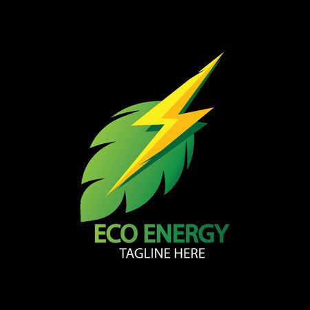 Eco Energy   with leaf symbol. Green color with flash or thunder graphic. Nature and electricity renewable.のイラスト素材