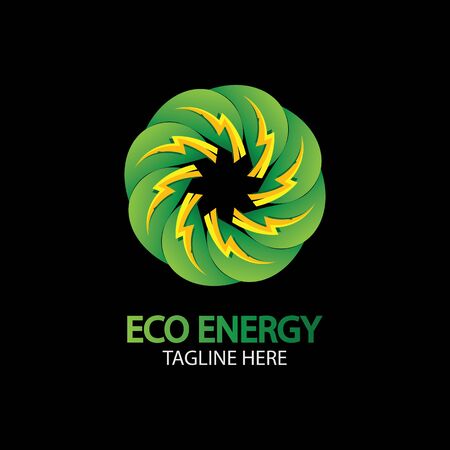 Eco Energy   with leaf symbol. Green color with flash or thunder graphic. Nature and electricity renewable.のイラスト素材