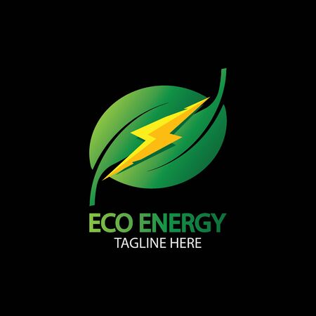 Eco Energy  with leaf symbol. Green color with flash or thunder graphic. Nature and electricity renewableのイラスト素材