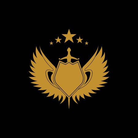 Gold winged sword with shield vector icon.のイラスト素材