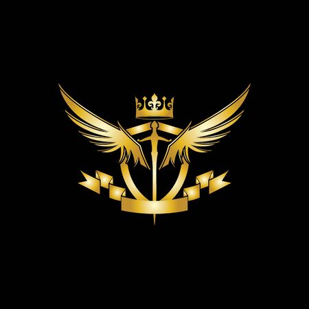 Heraldic Composition with crown, swords, wings, shield and ribbon.のイラスト素材