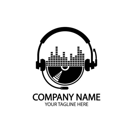 Headphones with microphone and sound waves beats, concept of radio station, dj disco symbol, broadcasting studio label, customer support emblem flat back icon, modern design vector illustrationのイラスト素材