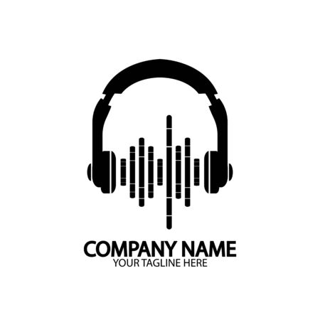 Headphones with microphone and sound waves beats, concept of radio station logo, dj disco symbol, broadcasting studio label, customer support emblem flat back icon, modern design vector illustrationのイラスト素材