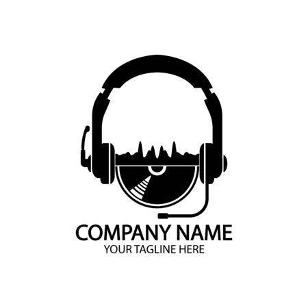 Headphones with microphone and sound waves beats, concept of radio station  , dj disco symbol, broadcasting studio label, customer support emblem flat back icon, modern design vector illustrationのイラスト素材