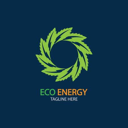Eco Energy Vector Logo with leaf symbol. Green color with flash or thunder graphic. Nature and electricity renewable. This logo is suitable for technology, recycle, organic.のイラスト素材