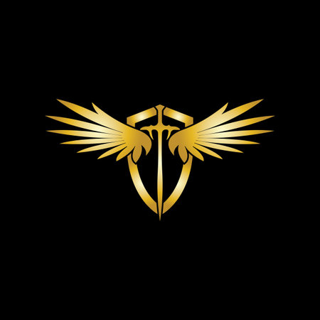 Gold winged sword with shield vector icon.のイラスト素材