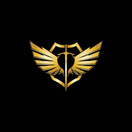 Gold winged sword with shield vector icon.のイラスト素材