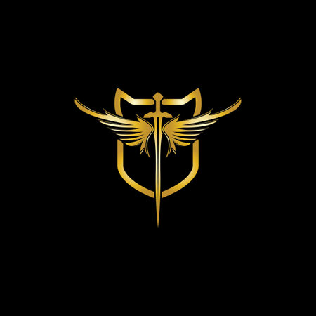 Gold winged sword with shield vector icon.のイラスト素材