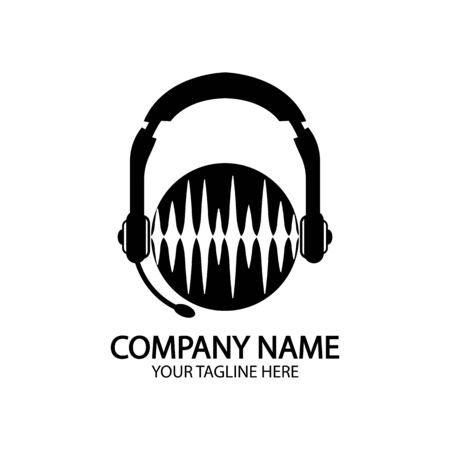 Headphones with microphone and sound waves beats, concept of radio station logo, dj disco symbol, broadcasting studio label, customer support emblem flat back icon, modern design vector illustrationのイラスト素材