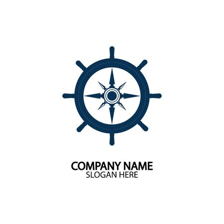 Ship steering wheel and conpass rose navigation symbol or logo isolated on white background - vector illustrationのイラスト素材