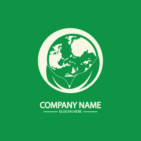 Eco World Nature Global Logo Design Template.World Globe Icon with Leaf Symbol around. Usable for Business, Nature, Environment, Science and Ecology Logos. Flat Vector Logo Design Template Element.のイラスト素材