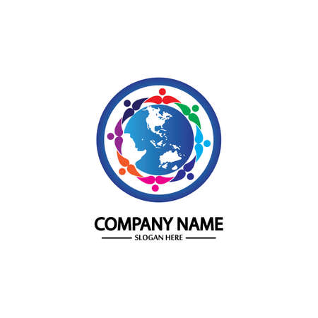 world comunity logo with people and globe illustration design vector.のイラスト素材