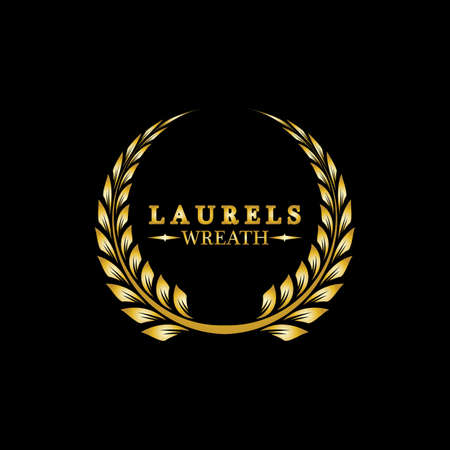 Gold laurel wreath. Symbol of victory and achievement. Design element for decoration of medal, award, coat of arms or anniversary logo. Golden leaf silhouette on black background. Vector illustrationのイラスト素材