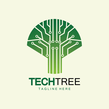 tech tree logo concept,green network technology logo vector.tech tree electrical circuit digital logo vector iconのイラスト素材