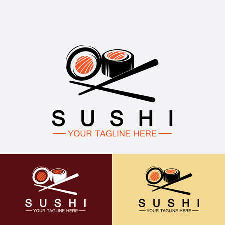 Sushi logo template. Vector Icon Style Illustration Bar or Shop. Sushi, Salmon Roll, Sushi and rolls with chopstick bar or restaurant vector logo templateのイラスト素材