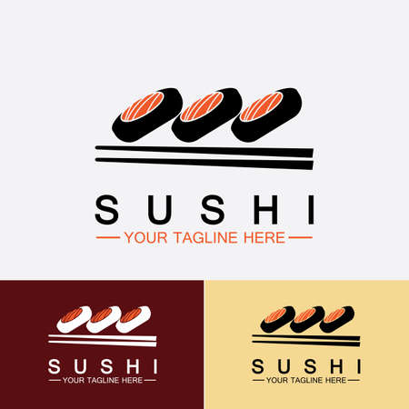 Sushi logo template. Vector Icon Style Illustration Bar or Shop. Sushi, Salmon Roll, Sushi and rolls with chopstick bar or restaurant vector logo templateのイラスト素材