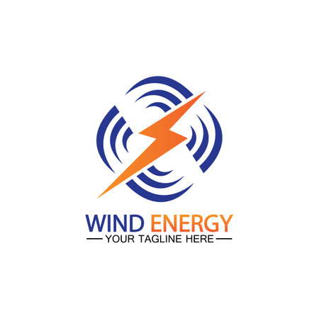 Wind energy logo. renewable energy icon with wind turbines and thunder bolt isolated on white backgroundのイラスト素材