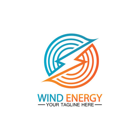 Wind energy logo. renewable energy icon with wind turbines and thunder bolt isolated on white backgroundのイラスト素材