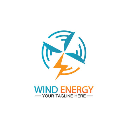 Wind energy logo. renewable energy icon with wind turbines and thunder bolt isolated on white backgroundのイラスト素材