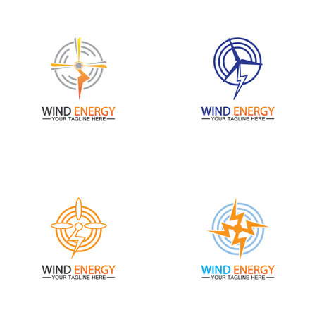 Wind energy logo. renewable energy icon with wind turbines and thunder bolt isolated on white backgroundのイラスト素材