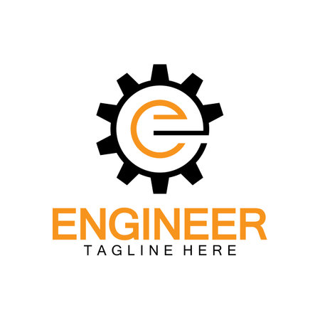 Engineer Logo Design, Letter E Gear Logo, Engineer logo with letter E and Gear elementsのイラスト素材