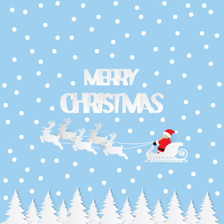 Merry Christmas text and Happy New Year.Santa Cross,reindeer,tree and snow on blue background,paper art vector and illustrationのイラスト素材