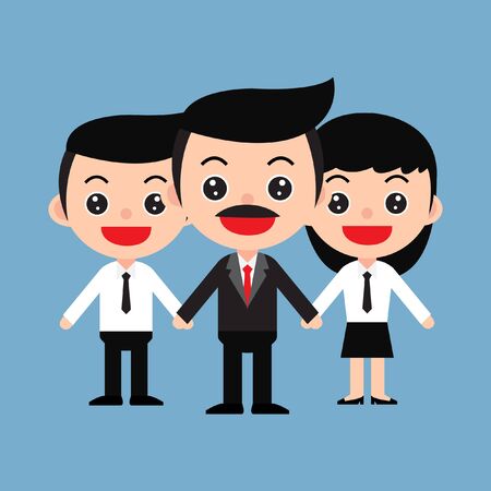 Business team of employees and the boss in cute cartoon style,isolated on a blue background, vector and illustration.のイラスト素材